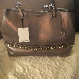 NWT Calvin Klein Reversible Tote with gold hardware - reverses to gray color